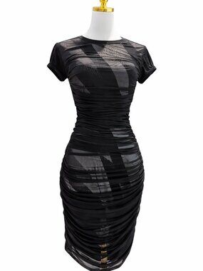 NWT Size S BCBGMAXAZRIA Black Combo Mesh Ruched Bodycon Dress